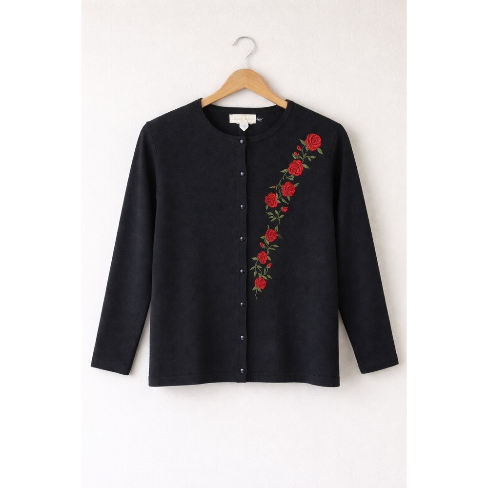 Vintage 90s Rose Embroidered Cardigan Twin Set Black Cottagecore Romantic Goth